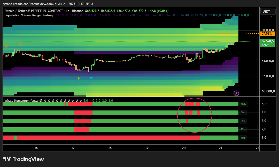 cryptoHenryYT's tweet photo. #binance #bybit #crypto #btc Bitcoin en camino a los 67580 con Whale Momentum alcista, hizo flip de rojo a verde lo cual es justo lo que buscamos + el volumen en las zonas de liquidación en dicha dirección. https://t.co/theBLyU7qF