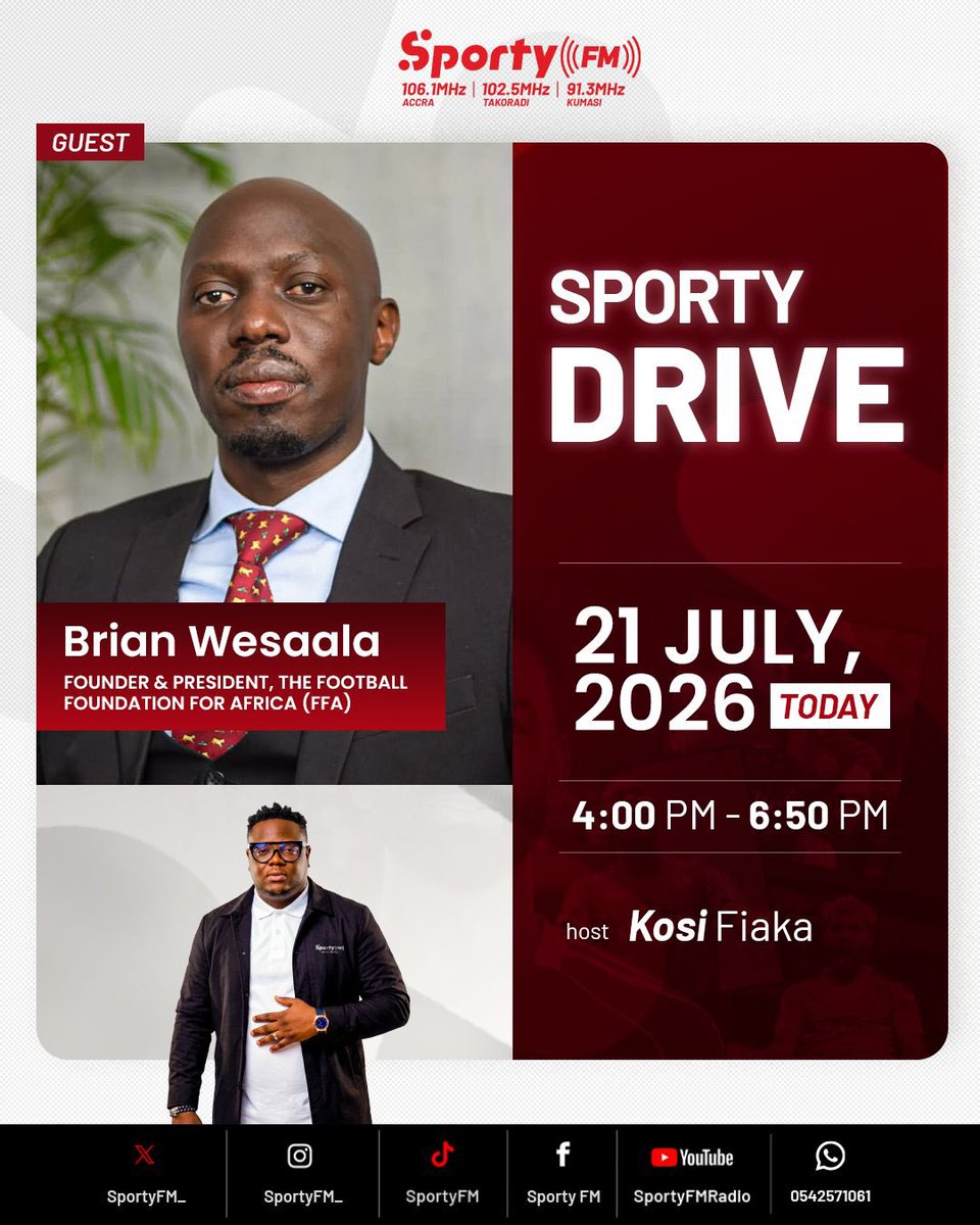 SportyFM_'s tweet photo. We're joined by Brian Wesaala, Founder and President of the Football Foundation for Africa (FFA), for an exclusive interview on #SportyDrive. https://t.co/OIi67xF2xk