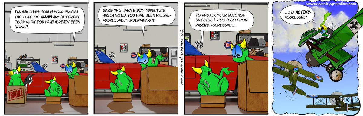 PeskyGremlins's tweet photo. Pesky Gremlins Comic 1019
"Not So Passive"
https://t.co/5AuyyNVhaV 
#comic #comics #webcomic #webcomics #cartoon #cartoons #cartoonart #gremlin #gremlins #cartoonstrip #WWI #biplane https://t.co/3YeLEBi18G