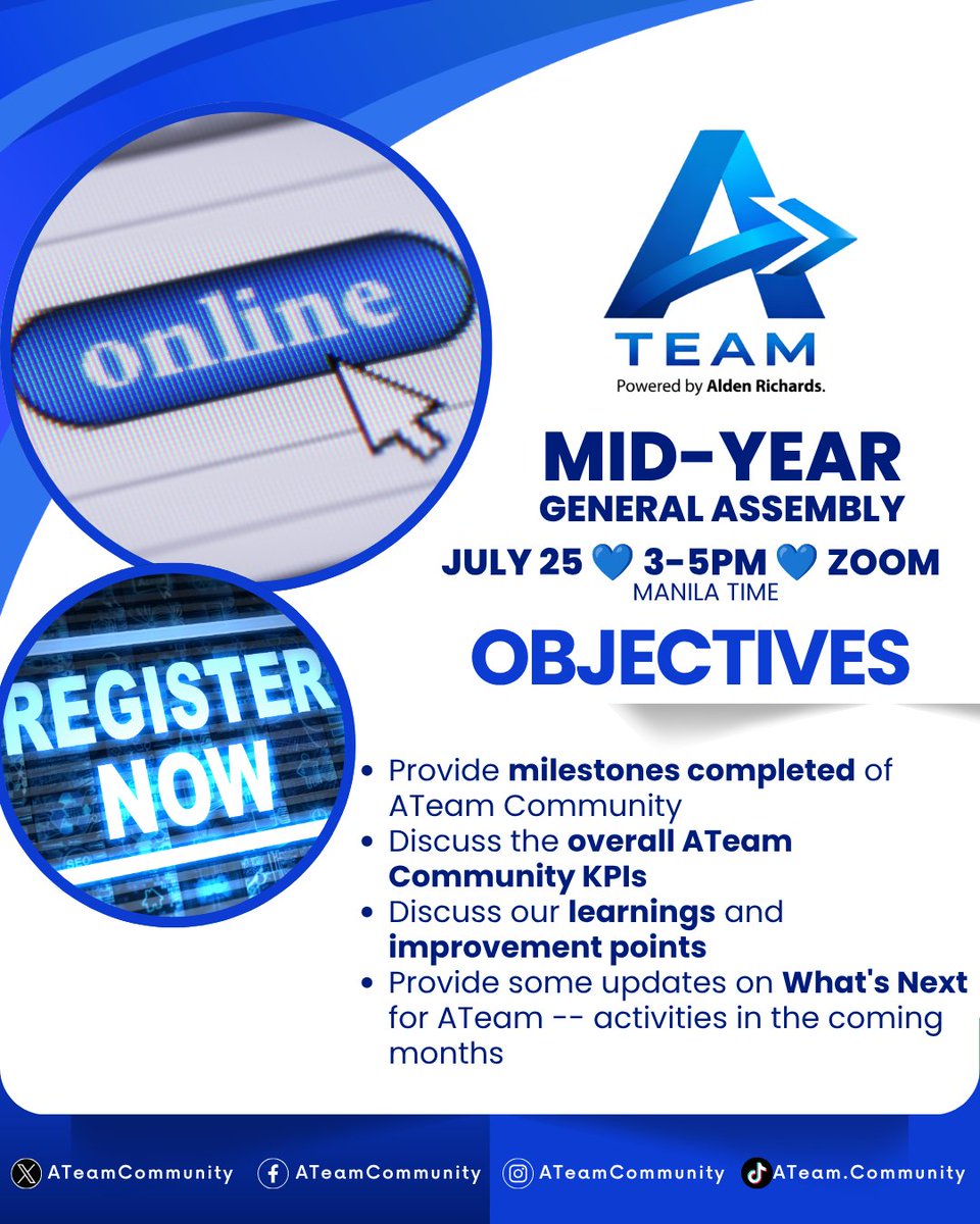 ATeamCommunity's tweet photo. ATEAM IMPORTANT ANNOUNCEMENT π£π£π£
What's next for our community?
Since we're done with the FIRST HALF of 2026, we will now have our FIRST-EVER MID-YEAR ONLINE GENERAL ASSEMBLY βΊοΈ
To join, you may register here --
https://t.co/xyOy41MOHw
The ZOOM LINK will be sent over email to all registered participants.
See you (online) on JULY 25, ATeam! π₯°
@aldenrichards02
#ATeamCommunity
#ALDENRichards