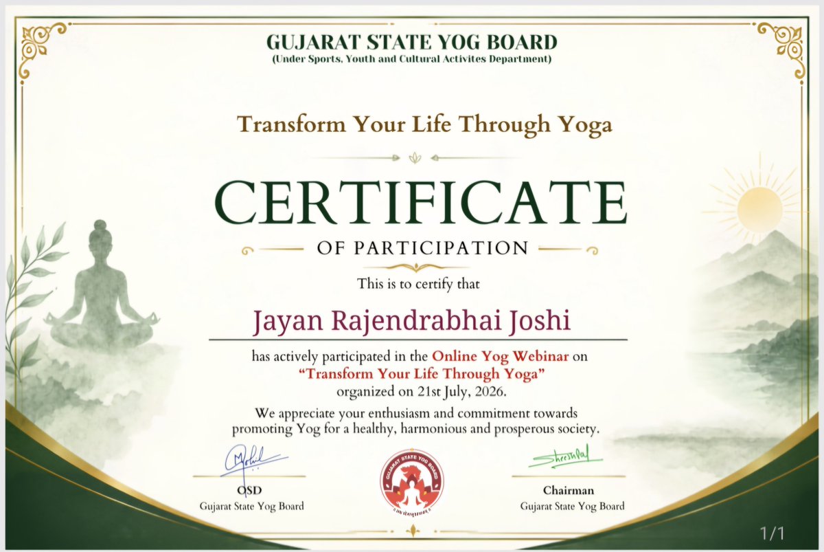 YTJayanJoshi's tweet photo. 21st July 2026 Online Yoga Webinar 🧘🏻‍♂️ 🧘🏻‍♀️ 
https://t.co/snrRdkuWDV
Yoga With Jayan 
YC-515 Porbandar 

Yoga Coach: Jayan Joshi 

District: Porbandar 

#yogawithjayan 
#YogmayGujarat
#YogMayPorbandar 
#YogKiBaat 
#YogsevakSheeshpal 
#GujaratStateYogBoard
#YogInGujarat 
#FitIndia https://t.co/TdlnvIqYzH