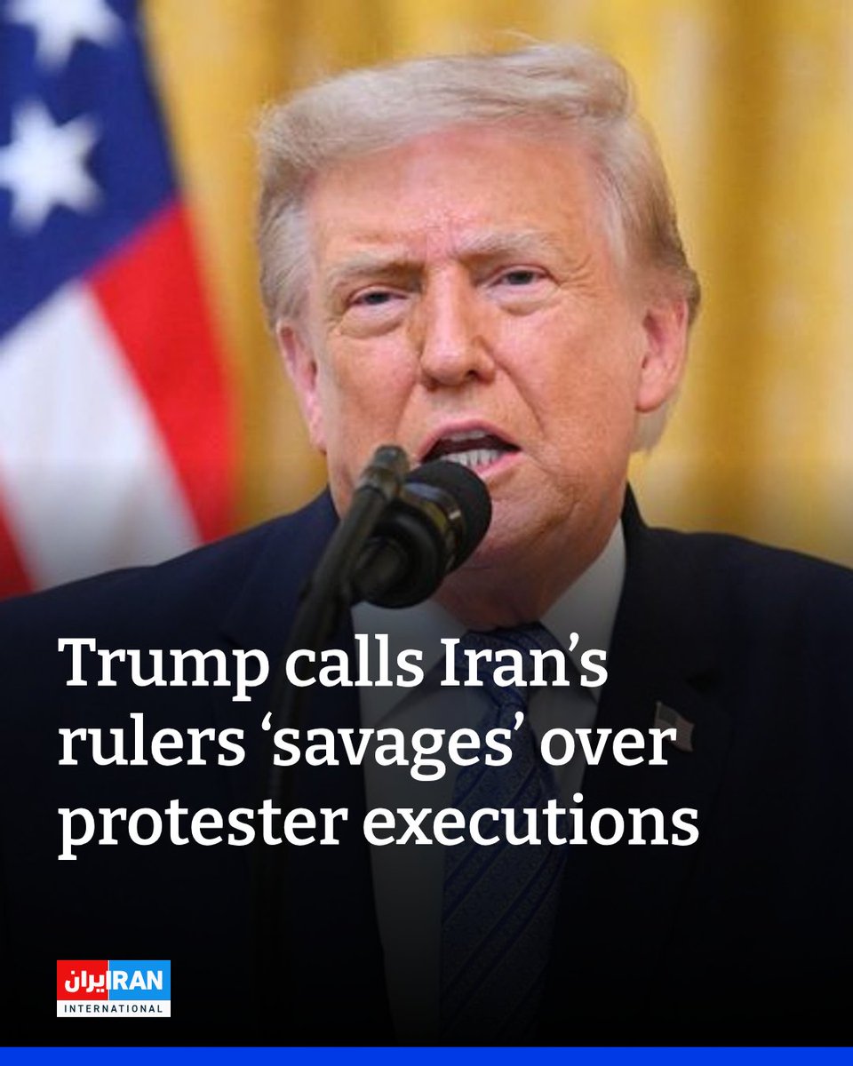 IranIntl_En's tweet photo. US President Donald Trump shared three Truth Social posts highlighting the executions of protesters Erfan Esfandiari, 18, and Gol-Mohammad Mohammadi, 23, who were executed on Sunday at Dastgerd Prison in the central Iranian city of Isfahan.

“The latest one of 52,000, plus, innocent protesters. Savages!!! When will the Democrats wake up??? President DJT,” Trump wrote above a post about Mohammadi’s execution.

Trump also reposted a message about Esfandiari's execution calling on people to “be their voice,” as well as an image of a tearful woman holding a sign reading “STOP KILLING US” against a backdrop featuring the Islamic Republic’s flag.
https://t.co/xqiUEWVPgd