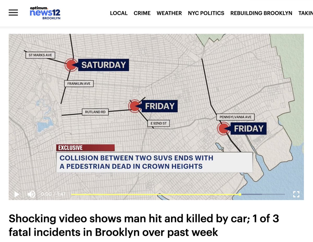 TransAlt's tweet photo. Three Brooklyn pedestrians were killed in three separate crashes in just two days. Two of the three pedestrians were on the sidewalk when they were killed.

Traffic violence is a public health crisis. Cars and trucks are killing New Yorkers. https://t.co/0fYLmG5n0b