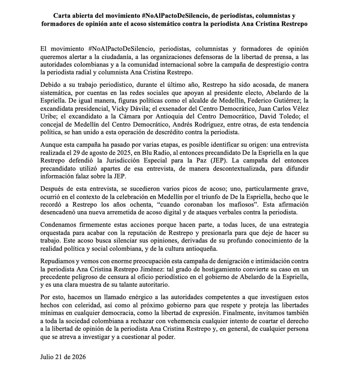 Nicholls_C_'s tweet photo. Las mujeres que hacemos parte de la plataforma #NoAlPactoDeSilencio y otras figuras periodísticas hemos firmado esta carta para manifestar nuestro respaldo a @anacrisrestrepo ante la andanada violenta que ha sufrido estos días. La voz de Ana es importantísima en el debate nacional y no permitiremos que sobre ella se cierna la censura y el silenciamiento. #YoApoyoAAnaCristina.