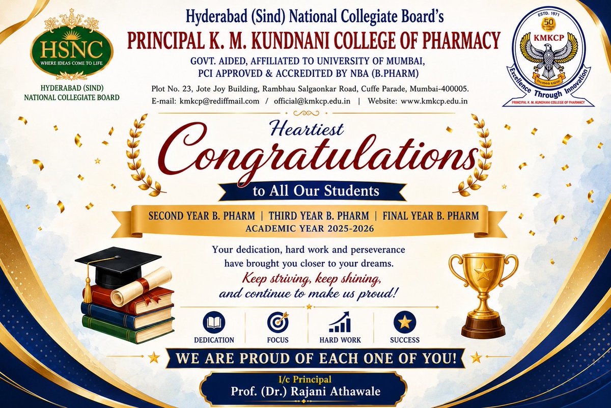 Kmkcp_official's tweet photo. ✨ Celebrating Excellence, Honouring Achievement! ✨

Principal K. M. Kundnani College of Pharmacy proudly congratulates all our students on their outstanding academic performance in the University of Mumbai Examinations (AY 2025–2026). https://t.co/TMfLpCi7zE