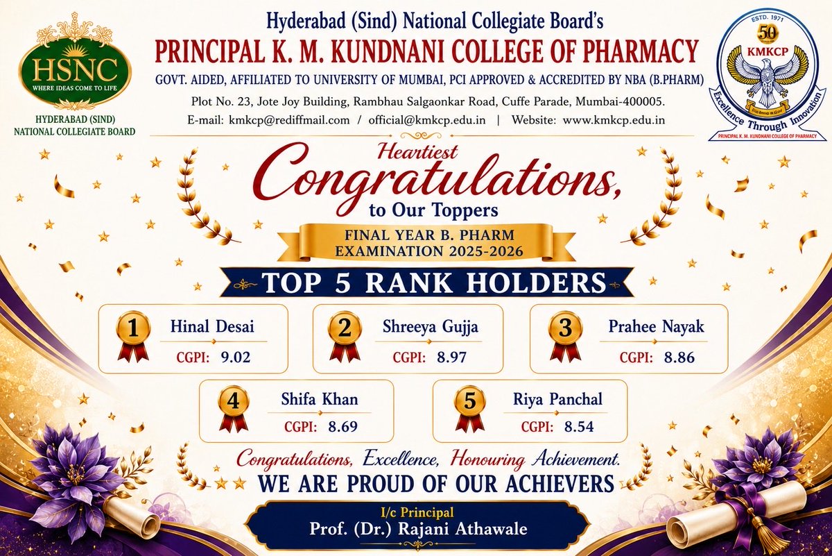 Kmkcp_official's tweet photo. ✨ Celebrating Excellence, Honouring Achievement! ✨

Principal K. M. Kundnani College of Pharmacy proudly congratulates all our students on their outstanding academic performance in the University of Mumbai Examinations (AY 2025–2026). https://t.co/TMfLpCi7zE