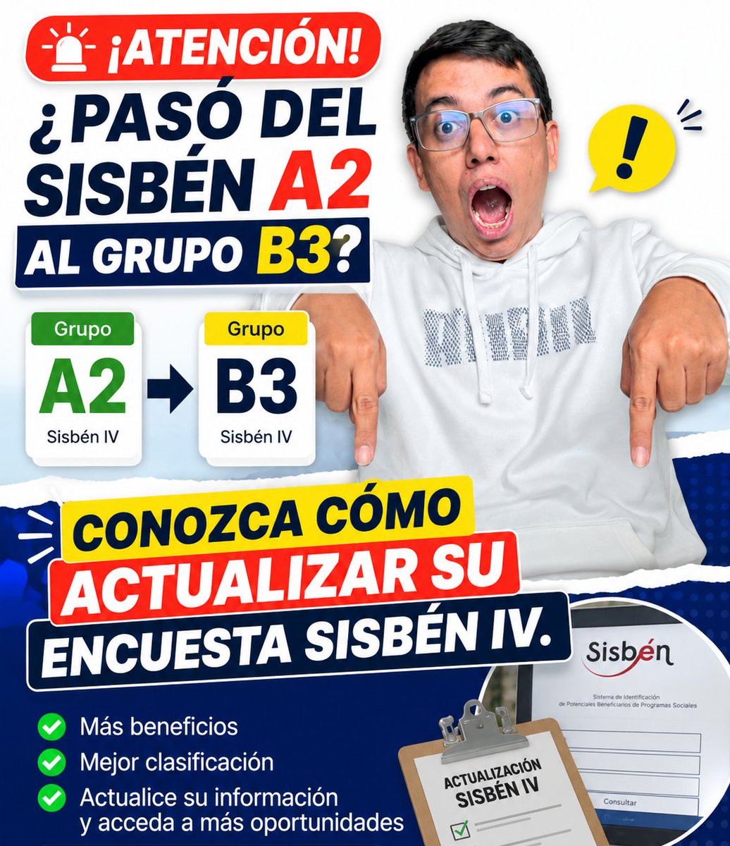 Idealuo_Informa's tweet photo. 🚨 ¿Pasó del Sisbén A2 al grupo B3? Conozca cómo actualizar su encuesta Sisbén IV.

Link: https://t.co/XEhWMT37VI

#idealuo #sisben #actualiza #pumtaje https://t.co/u4GGfoYlUf