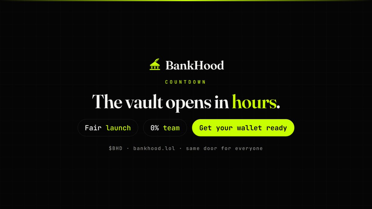 BankHoodReserve's tweet photo. The doors of the people's bank open in a few hours.

No presale. No gatekeepers. Same door for everyone. When the vault opens, you get in at the same price the whales do.

Get your wallet ready. This is the fair launch.

$BHD https://t.co/TALyMbNSFt