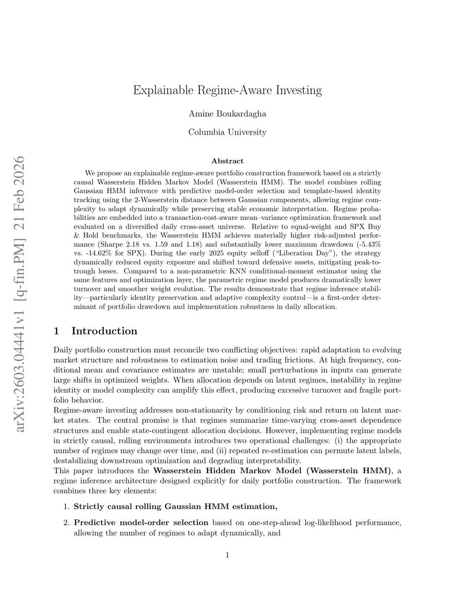 0xTatara's tweet photo. this paper is f*cking insane

a Columbia paper built a strictly causal Hidden Markov Model that adapts as market regimes change

the result: 2.18 Sharpe vs 1.18 for SPX buy & hold, while cutting max drawdown from -14.62% to -5.43%

during the 2025 selloff it automatically reduced equity exposure and rotated into defensive assets

the crazy part is it does this without looking into the future

bookmark before this thread gets buried