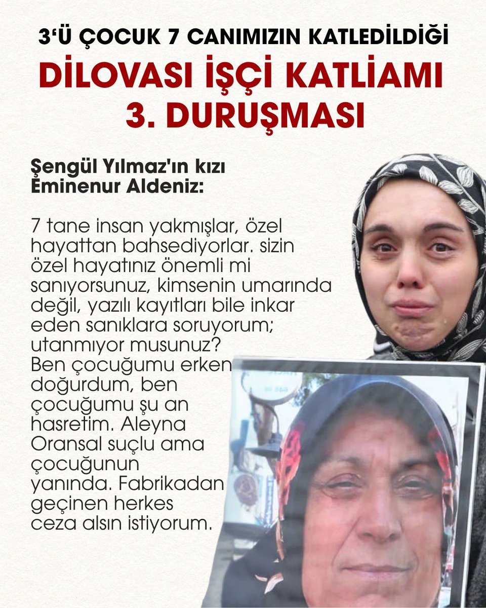 DilovasiAileler's tweet photo. Şengül Yılmaz’ın kızı Eminur Aldeniz, sanıkların “özel hayat” savunmasına duruşma salonundan böyle seslendi:

“7 insanı yakmışlar, özel hayattan bahsediyorlar. Ben anneme hasretim. Fabrikadan geçen, sorumluluğu bulunan herkes ceza alsın.”

#DilovasıİçinAdalet https://t.co/qsvs5USBnc