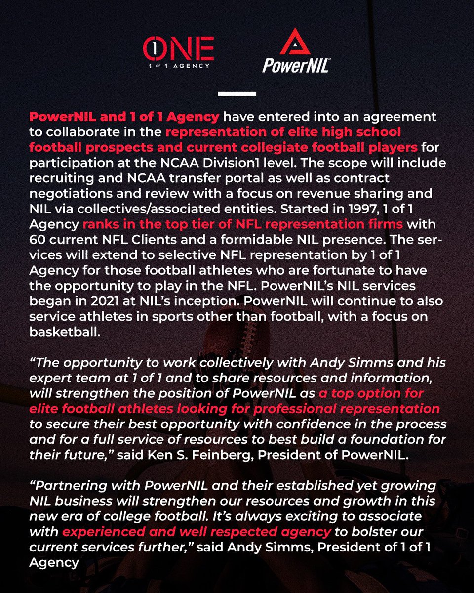 PowerNIL_'s tweet photo. 1 of 1 Agency x PowerNIL

A new collaboration focused on the representation of elite high school and collegiate football athletes.

Bringing together PowerNIL’s focus in the evolving collegiate landscape with 1 of 1 Agency’s decades of experience, established resources, and presence at the highest level of professional football, this collaboration creates a comprehensive approach to supporting the next generation of athletes. For more information you can view the full press release by following the link below!

https://t.co/NCFTvjdTRF

#PowerNIL #1of1Agency #AthleteMarketing #SportsManagement #AthleteRepresentation