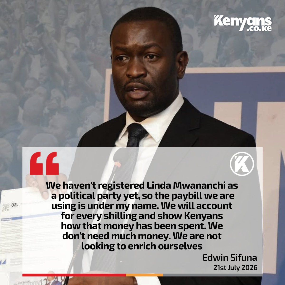 Kenyans's tweet photo. We will account for every shilling and show Kenyans how that money has been spent - Sifuna https://t.co/7JnElIeaSP
