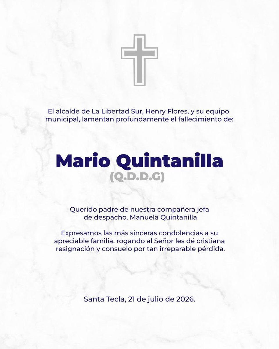 HenryFloresST's tweet photo. Lamento profundamente el fallecimiento de don Mario Quintanilla, amado padre de nuestra compañera jefa del despacho municipal, Manuela Quintanilla.

Expreso mis más sinceras condolencias a su apreciable familia y pedimos al Señor les de consuelo por tan irreparable pérdida.

Q.D.D.G.