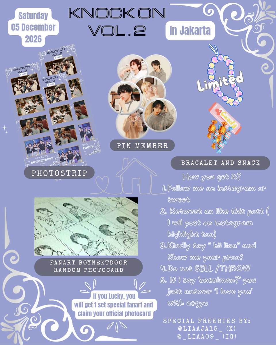 Liaaja15_'s tweet photo. Hi hi hi!! 
Liaa datang dengan membawa kabar baikk ♥︎
Sekalian mau syukuran bonekdo mau konser di indonesia lagii~
Aku membawa freebiess gemass
*mendekati hari H, aku izn gembokan yah untuk selective^^
#BOYNEXTDOOR #ONEDOOR #KnockOnVol2 #JAKARTA https://t.co/EQAownbLwt