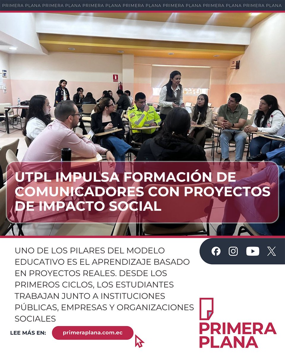 PrimeraPlanaECU's tweet photo. ��� La Carrera de Comunicación de la #UTPL impulsa la formación de sus estudiantes con proyectos de vinculación e impacto social. Entre ellos destaca la campaña "Yo Sí Elijo", que busca prevenir la captación de jóvenes por organizaciones delictivas y será presentada a la Policía Nacional. https://t.co/rASPNVFmAp

#UTPL #Comunicación #EducaciónSuperior #InteligenciaArtificial #Vinculación #PrimeraPlanaEcuador