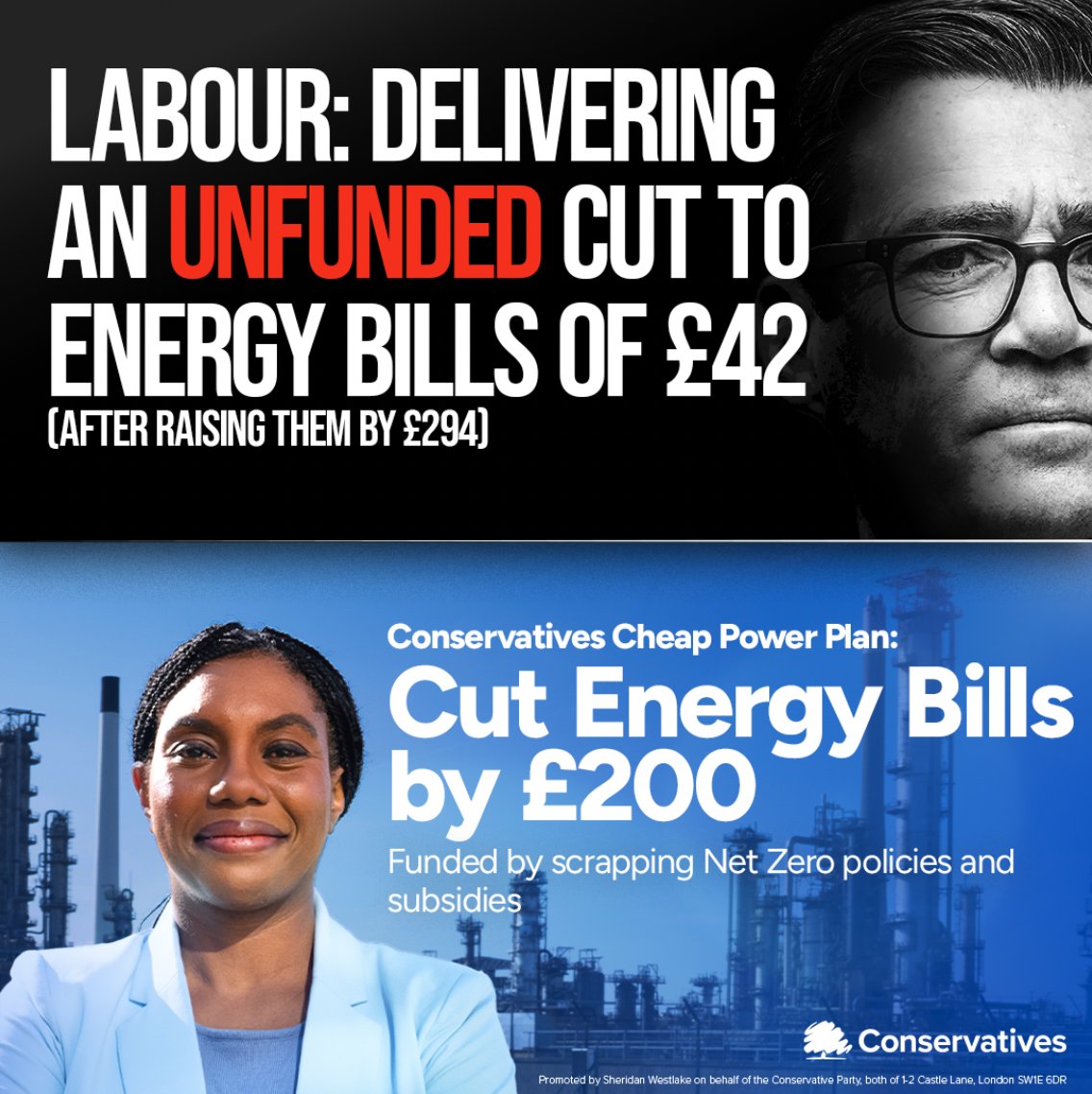 Conservatives's tweet photo. Andy Burnham's first decision as Prime Minister was to deliver an unfunded cut that families won't feel.

We understand what actually cuts people's bills: scrapping harmful Net Zero policies and unleashing Britain's oil and gas sector ⬇️ https://t.co/DwX7EBJbVW