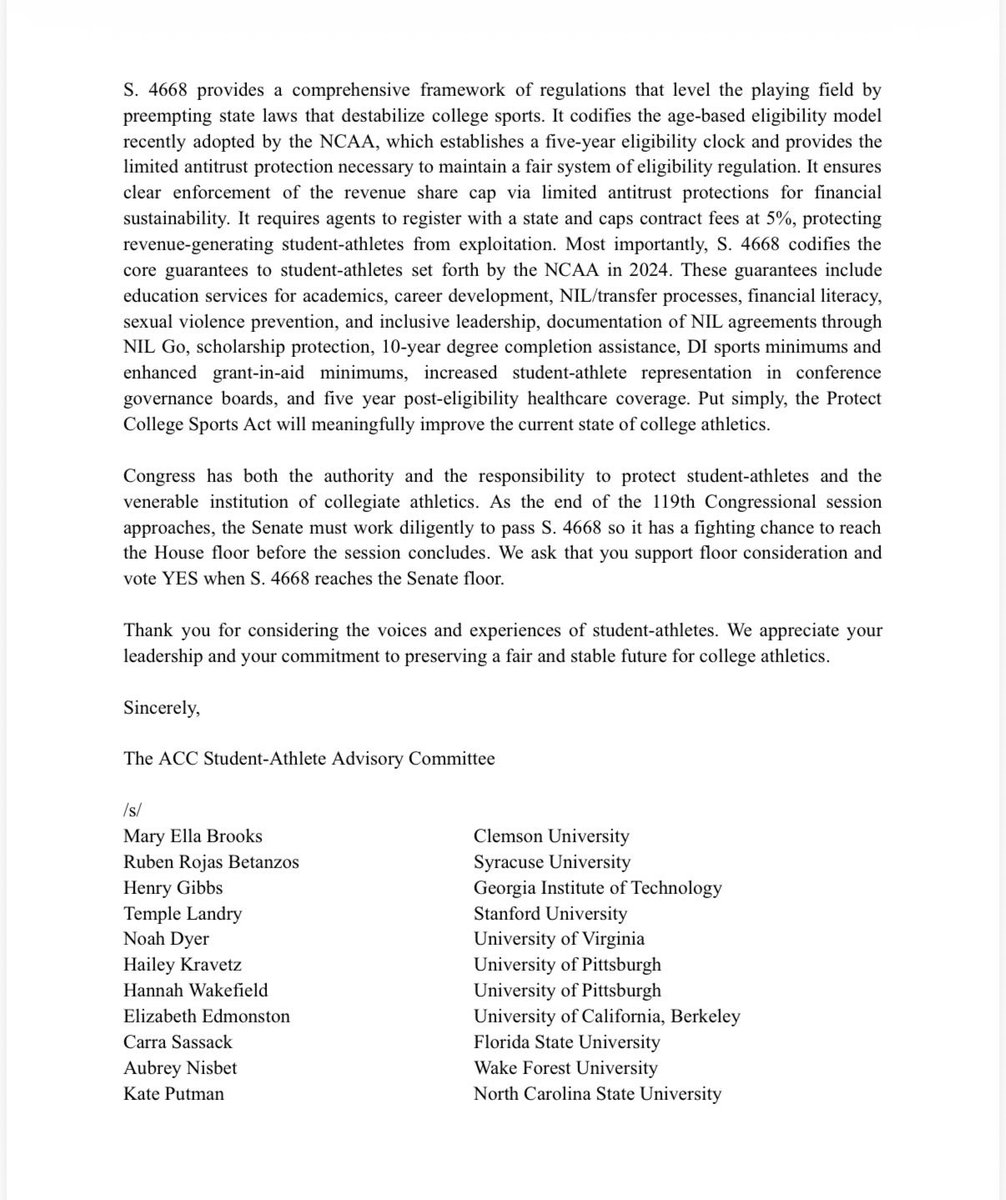 dougherty_jesse's tweet photo. The ACC’s Student Athlete Advisory Committee has sent a letter to a handful of Senators in support of the Protect College Sports Act, which @washingtonsun obtained. 

It is signed by 28 athletes (listed at the bottom of the letter below). 

More in thread … https://t.co/XVcf98yJAS