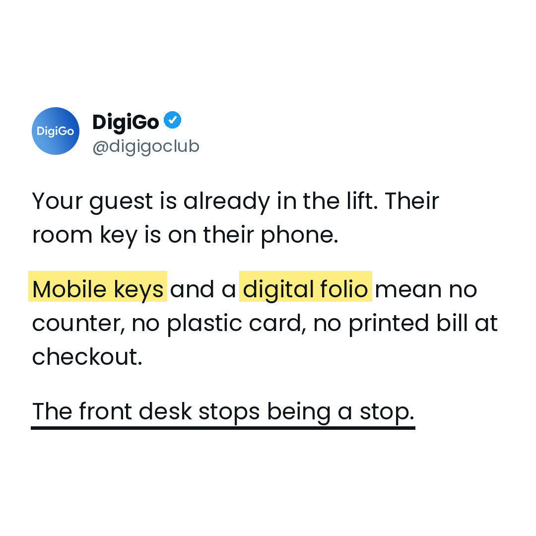digigoclub's tweet photo. Your guest is already in the lift. Their room key is on their phone.

Mobile keys + digital folio: no counter, no plastic card, no printed bill. Check-in takes ~5 seconds.

The front desk stops being a stop. → https://t.co/S6Cu4NkrDV

#HotelTech #Hospitality https://t.co/X0CPeCwQcp