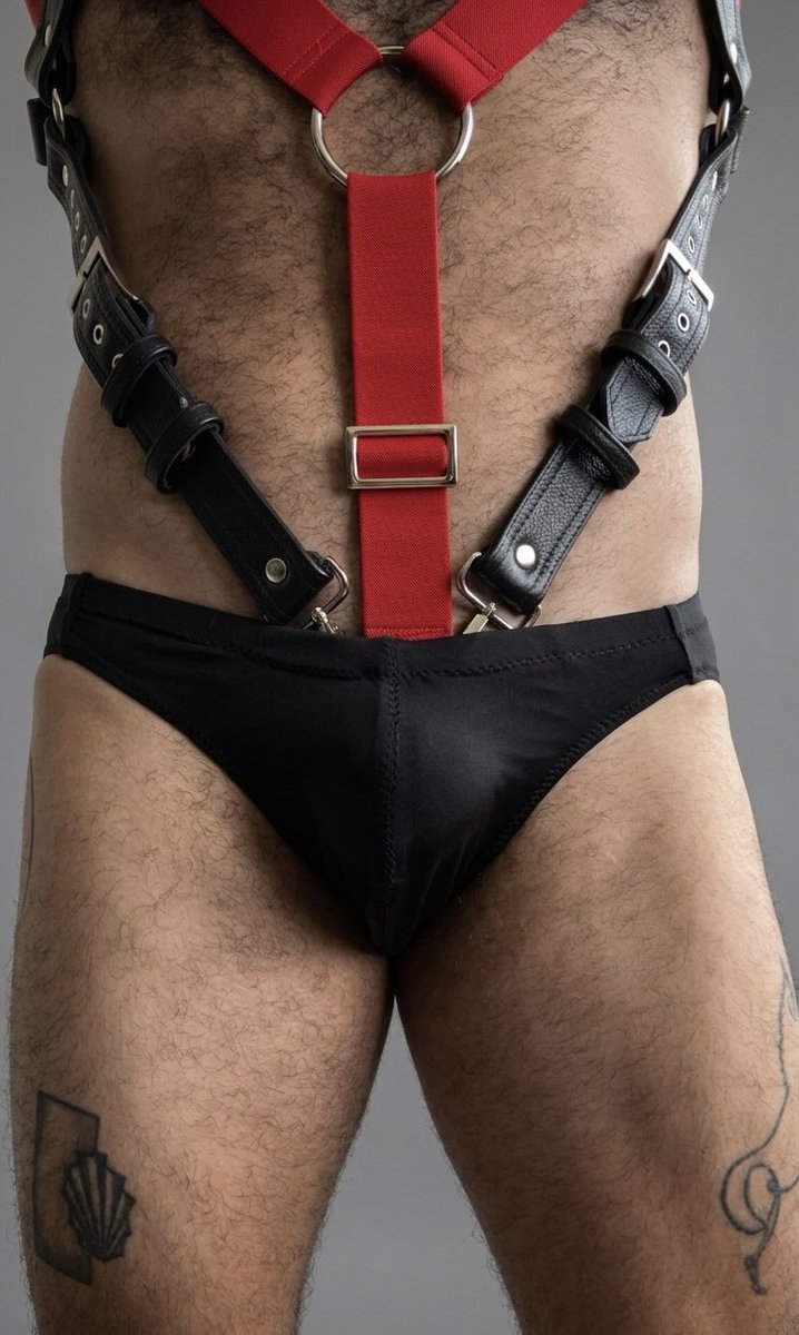 HarnessSon's tweet photo. Red and black combo. Our leather shoulders harness with a cockring. And red elastic Y harness https://t.co/SeusXqnt03