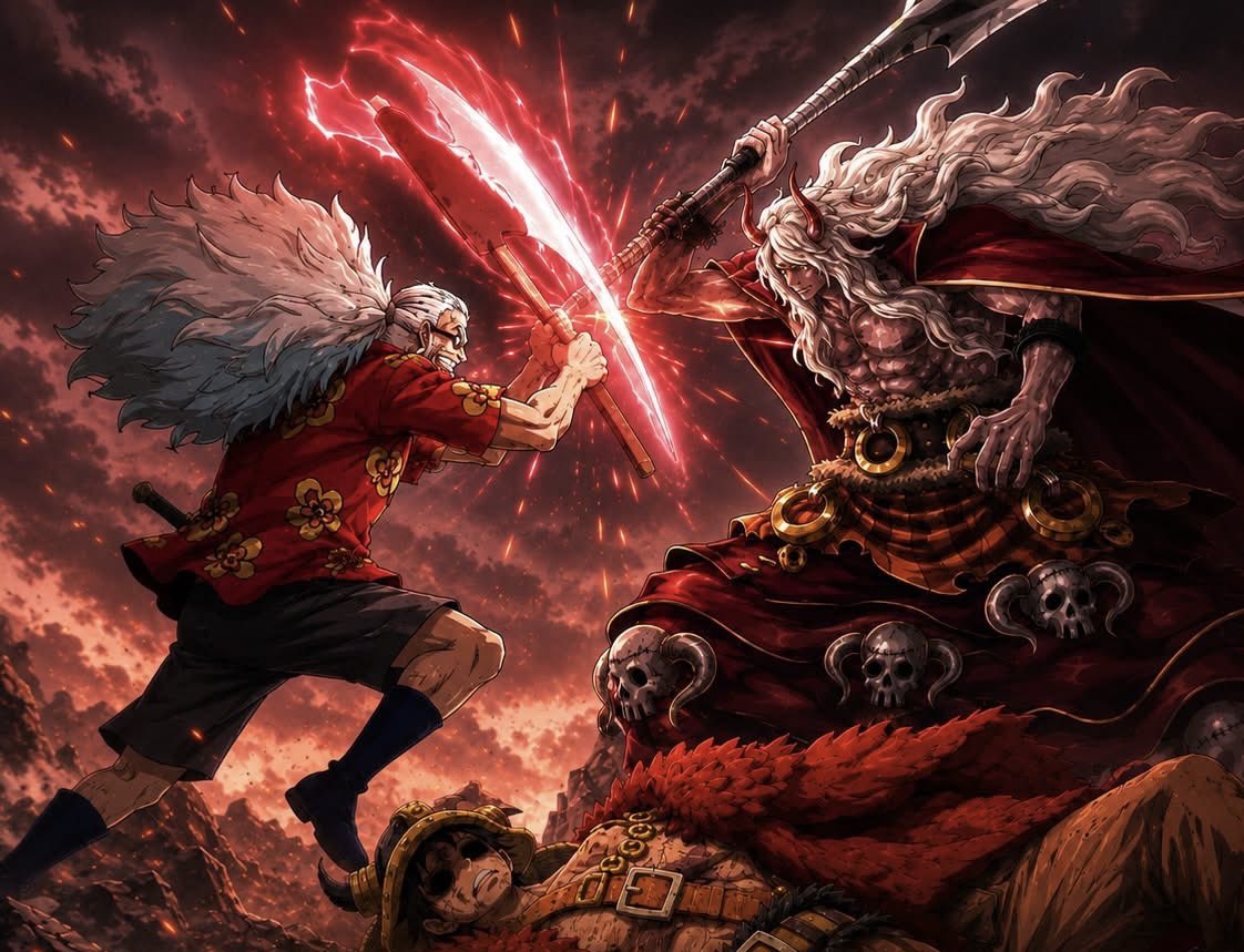 nikaboy___'s tweet photo. One Piece 𝗖𝗛𝗔𝗣𝗧𝗘𝗥 𝟭𝟭𝟴𝟵‼️

Imu summons another weapon called the "Sea God Sword" and stabs Luffy again and pins him to a tree with both swords.

Usopp senses something bad has happened to Luffy.

Loki remembers a conversation with Shanks.
Shanks told Loki that the World Government is preparing for a future "war" and told him that their enemy is the "King of the World."

Imu gives Sommers a weapon to fight Zoro. Imu then gives Killingham a weapon to fight Sanji.

All of the weapons Imu uses once belonged to the 19 kings from 800 years ago.

Imu is about to kill Luffy using the "Xingtian Axe," but Gaban appears and blocks Imu's attack…