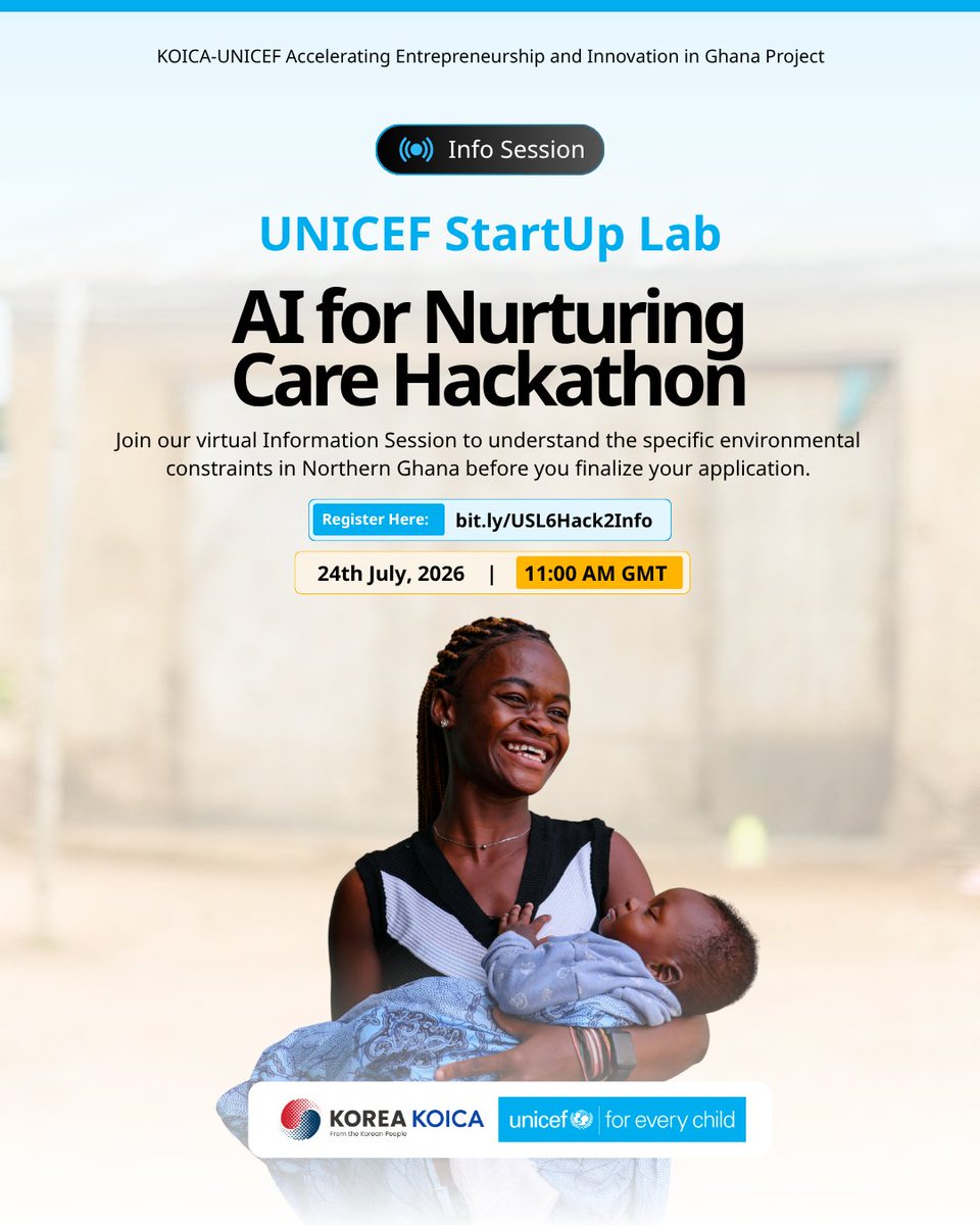 UNICEFStartups's tweet photo. Building a practical, low-connectivity AI solution to empower health workers starts with understanding the challenge.

Join the @unicefstartups info session on Friday, July 24  at 11:00 AM GMT for AI for Nurturing Care in Northern Ghana before you apply! https://t.co/fQrcCKkxFX https://t.co/U3yWAhkURH