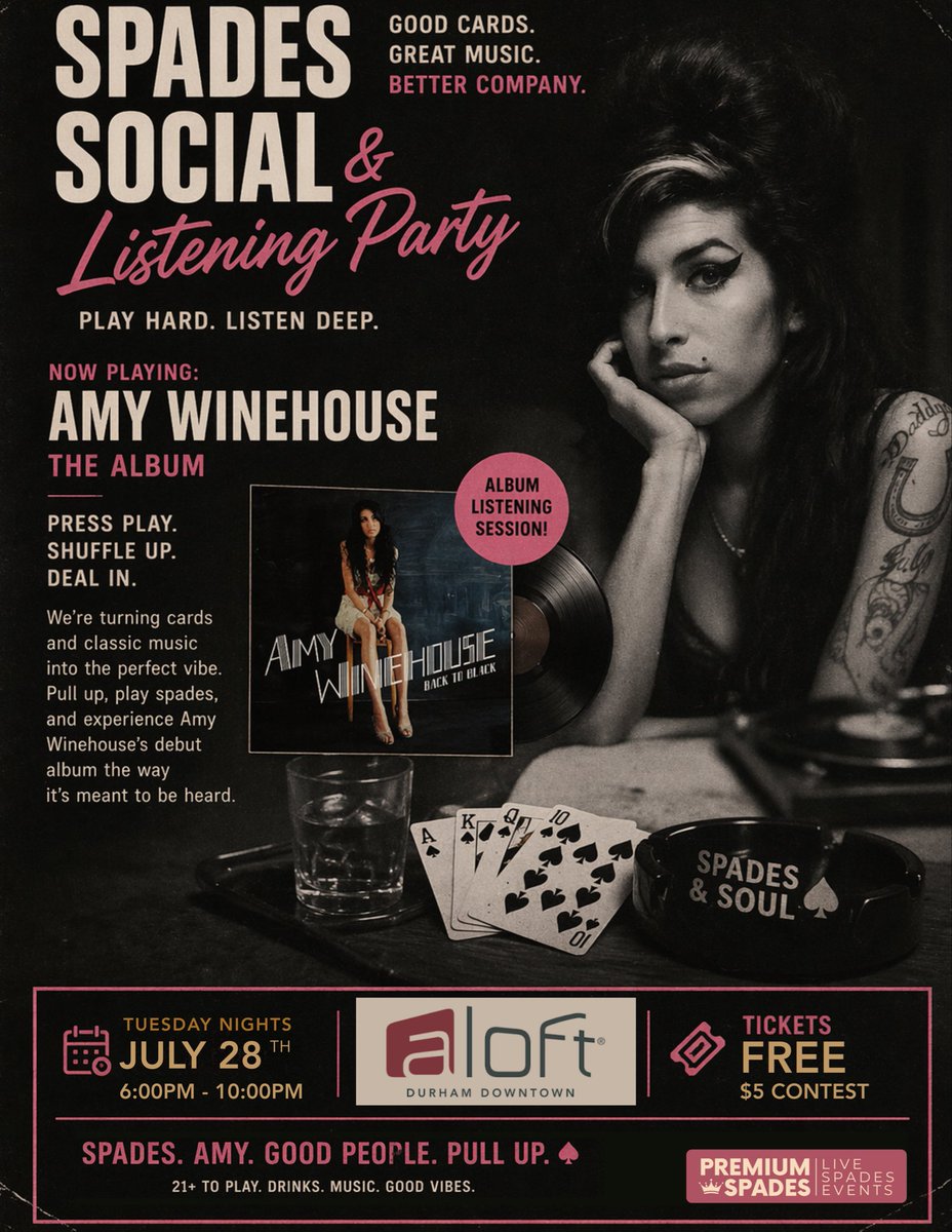 PremiumSpades's tweet photo. THE SPADES SOCIAL &amp; LISTENING PARTY IS OFFICIAL AT THE ALOFT DURHAM | JULY 28th | 6-9PM

THIS EVENT IS FREE!

#premiumspades #aloftdurham #spadessocial #amywinehouse #event #durhamdowntown #bullcity https://t.co/vgJOBhdMqz