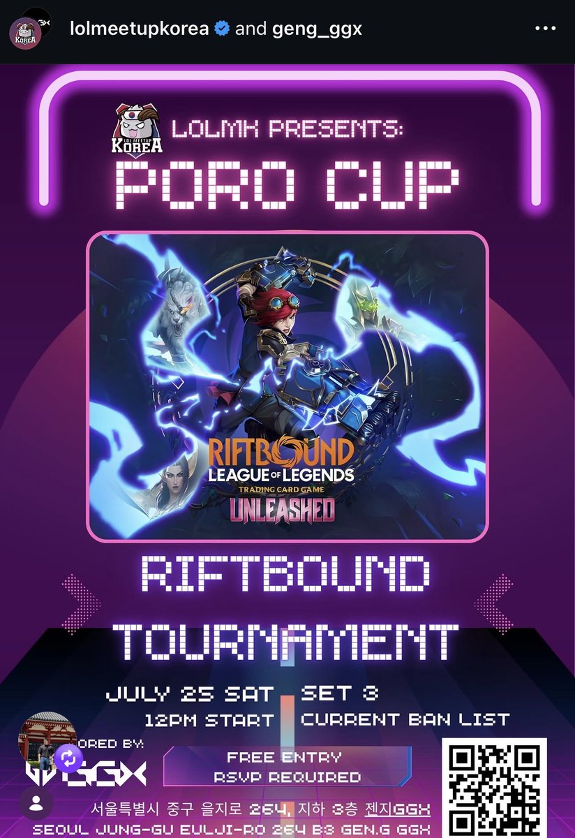LoLMeetupKorea's tweet photo. The biggest Riftbound tournament in Korea so far with 48 max capacity with 45 RSVPs~ 3 slots left~

LoLMK Presents: Poro Cup sponsored by Gen.G GGX https://t.co/ci6mU7TxxL