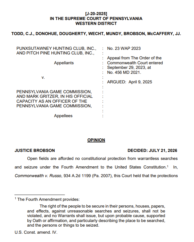 PaulMSherman's tweet photo. Hey, no big deal or anything, but @IJ and @windyjosh92  just convinced the Pennsylvania State Supreme Court to overturn a 20-year-old decision and reject the open-fields doctrine under the state constitution. https://t.co/sFvoaN7ZfT