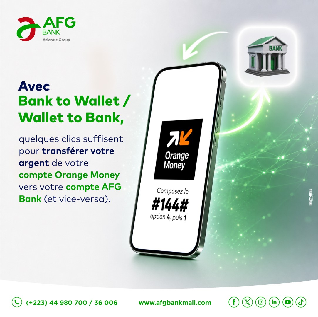 afgbankmali's tweet photo. 💸Votre argent circule librement.

Avec AFG Bank Mali et Orange Money, transférez de l'argent entre votre compte bancaire et votre portefeuille mobile, en quelques clics. 📲

🏦 Rendez-vous en agence pour activer le service.

#AFGBankMali #BankToWallet #WalletToBank #OrangeMoney https://t.co/5FNwbi17pl