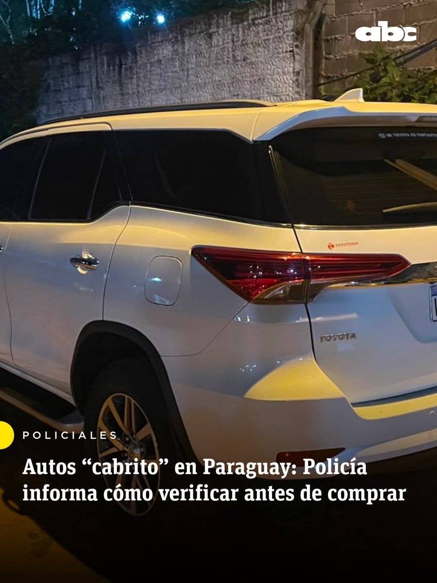 ABCDigital's tweet photo. Alertan sobre el aumento de autos “cabrito” vendidos en Paraguay.

📌 La Policía informó que detectó más camionetas robadas en Brasil ofrecidas por redes sociales y recordó que los compradores pueden verificar los vehículos en el Departamento de Automotores antes de concretar la compra.

https://t.co/4KniEr5sU3