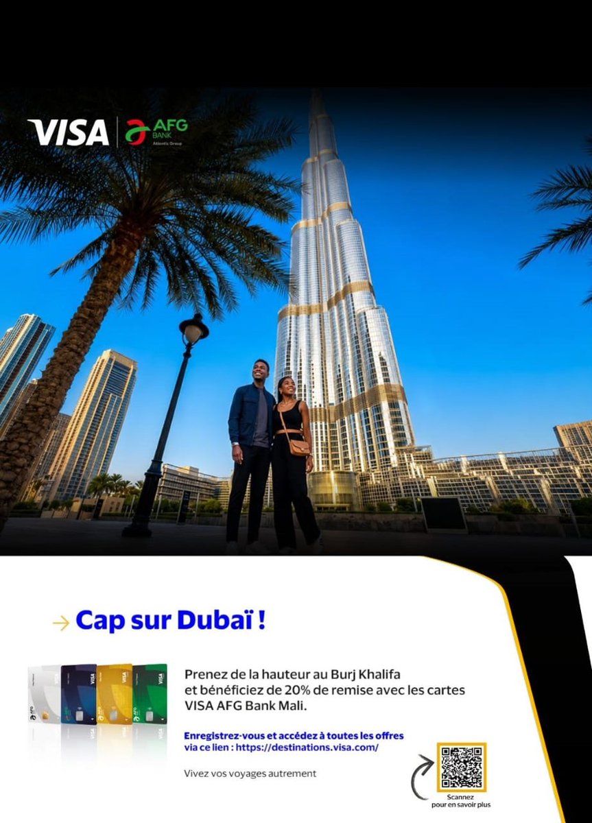 afgbankmali's tweet photo. 💳✨Jusqu'au 31 août 2026, prenez de la hauteur au Burj Khalifa et profitez de 20 % de réduction avec votre Carte Visa AFG Bank Mali.

📍Pour profiter de cette offre, rendez-vous sur https://t.co/0sZTjzdxp1

#AFGBankMali #CarteVisaAFGBank #AvantageVoyage #Dubai #BurjKhalifa https://t.co/PIPmSELAe9