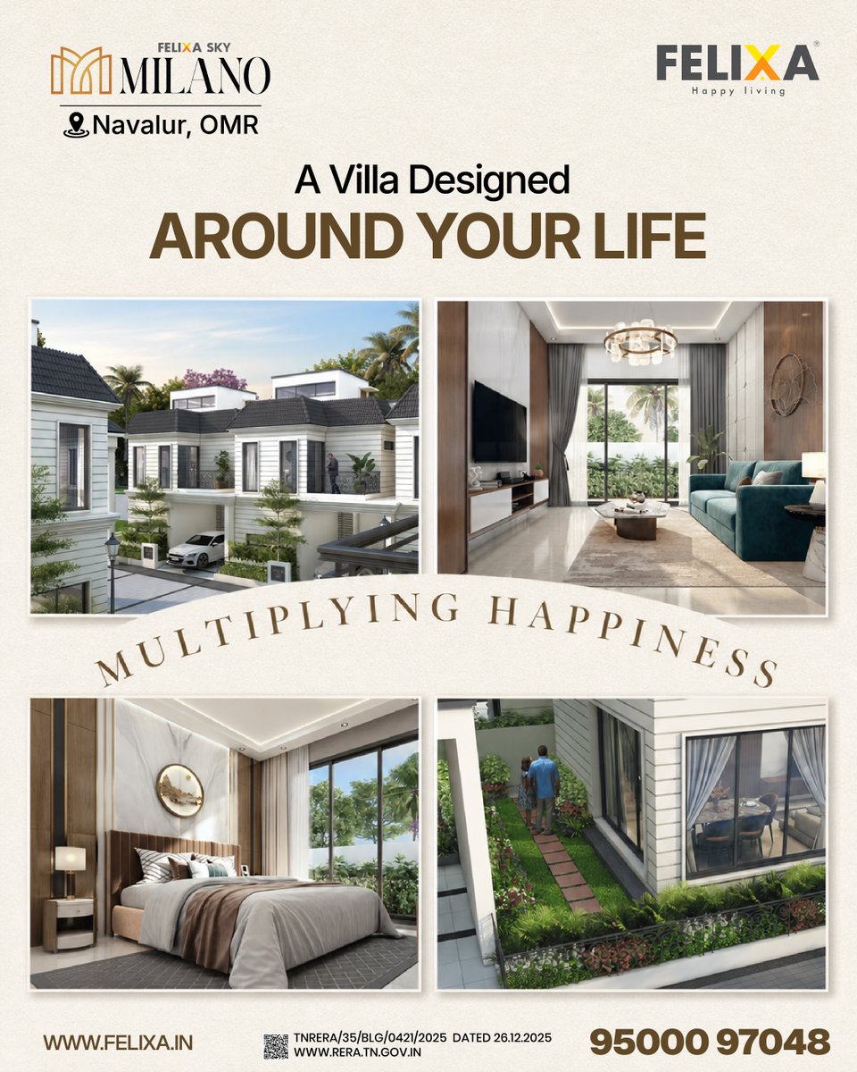 FelixaBuilder's tweet photo. ✨ A Villa Designed Around Your Life. 🏡

Every space at Felixa Sky Milano is thoughtfully designed to complement the way you live. Discover a lifestyle where every moment feels effortless and every day feels extraordinary.

📍 Navalur, OMR
📞 95000 97048 https://t.co/ngiD6qnf8V
