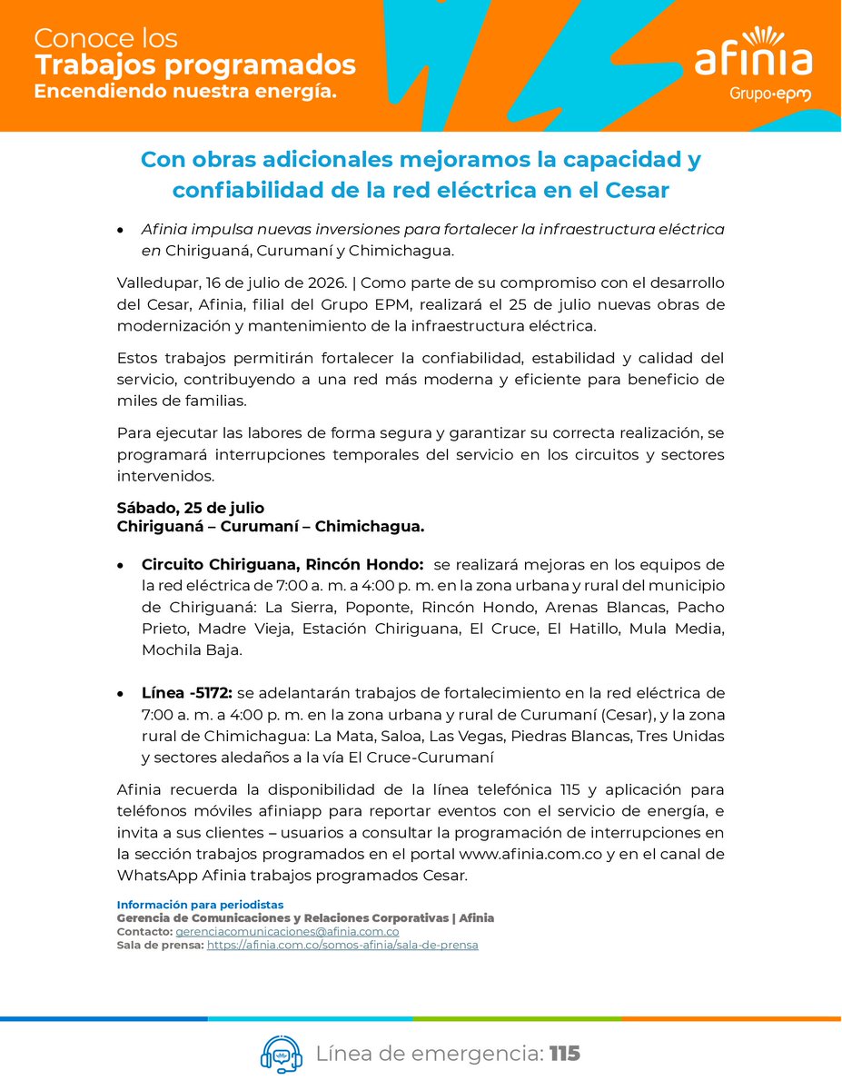 AfiniaGrupoEPM's tweet photo. ¡Prográmate! 🗓️
⚡#AfiniaEnCesar ejecutará intervenciones técnicas en el departamento este 25 de julio. Agradecemos de antemano la comprensión y el apoyo de la comunidad. https://t.co/LaeWKX6u59