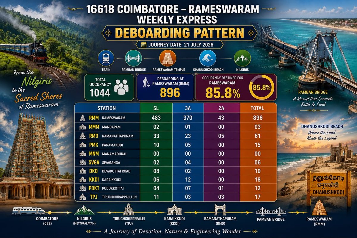 SivaprakashOffi's tweet photo. Even as a mid-week weekly service, Train 16618 records an impressive 85.8% overall occupancy for Rameswaram alone. Of the 1,044 occupied berths, 896 passengers are bound for Rameswaram, clearly reflecting the strong travel demand from the Coimbatore–Kongu region.. https://t.co/7okp9Xvagf