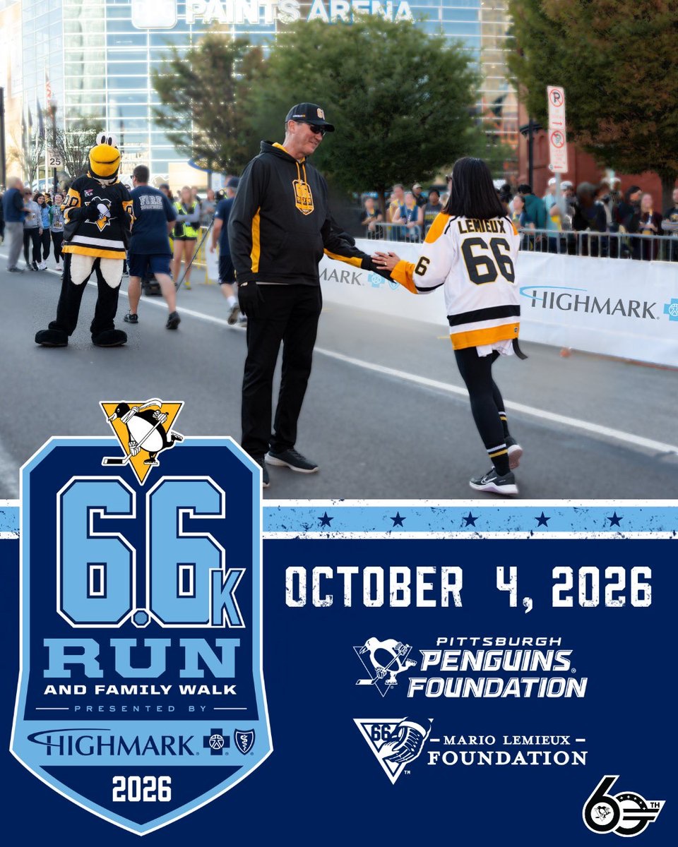 pensfoundation's tweet photo. Celebrate 60 years of @penguins hockey by joining us on October 4 for the 2026 Pittsburgh Penguins 6.6K Run and Family Walk, presented by @Highmark_BCBS! Race to register & redeem your special first-day rate before prices increase tomorrow. 🏅
 
Run the streets of Pittsburgh, kick off the 2026.27 hockey season and support the @MarioLemieuxFdn + our mission!

Register Today: https://t.co/4Z9TceRnaM