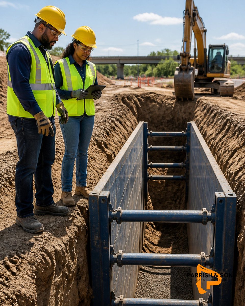 parrish_n_sons's tweet photo. Safety Topic Tuesday: Trench Shielding vs Shoring. As Authorized OSHA Outreach Trainers, we use shields to protect from cave-ins and shoring to prevent them. Inspect daily. #SafetyTopicTuesday #ExcavationSafety #ParrishAndSons #AuthorizedOSHAOutreachTrainer https://t.co/tIMRopf43W