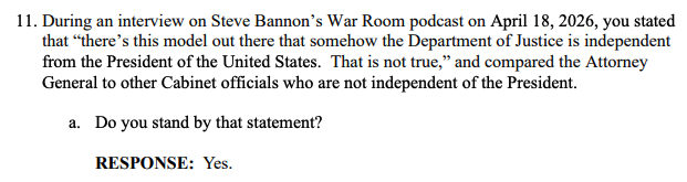 AaronBlake's tweet photo. In his new written responses, Blanche stands by his statement that DOJ is not independent from the president.

Tillis had suggested this could be a problem for him. https://t.co/hhnAdAH9Yi