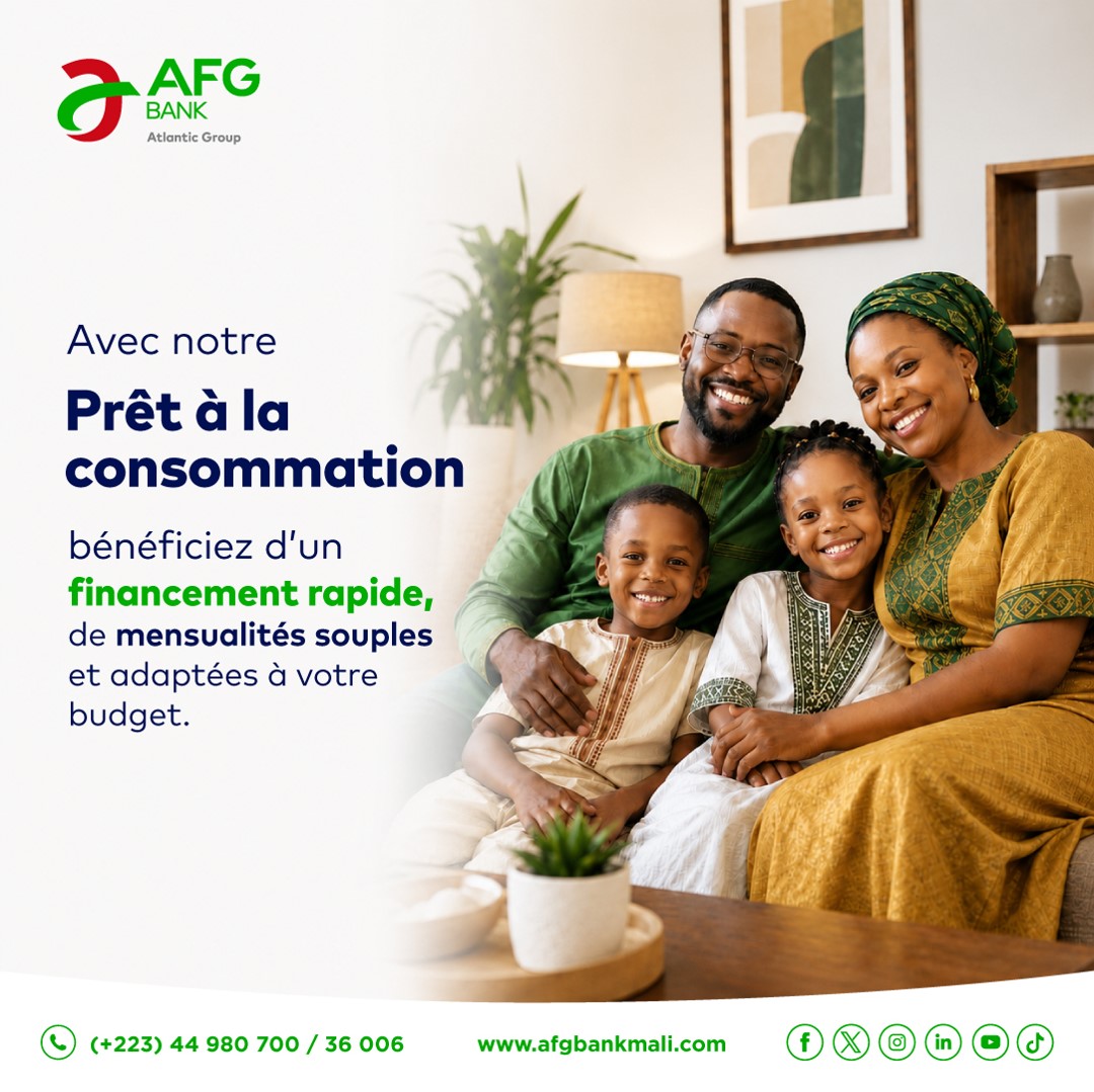 afgbankmali's tweet photo. ✨ Donnez vie à vos projets, sans attendre.
🎯 Concrétisez vos projets en toute sérénité.

🏦 Rendez-vous dans l'agence AFG Bank Mali la plus proche pour échanger avec nos conseillers.

#AFGBankMali #PrêtÀLaConsommation #FinancezVosProjets #BanqueDeProximité #Mali https://t.co/bN1BHX3bej