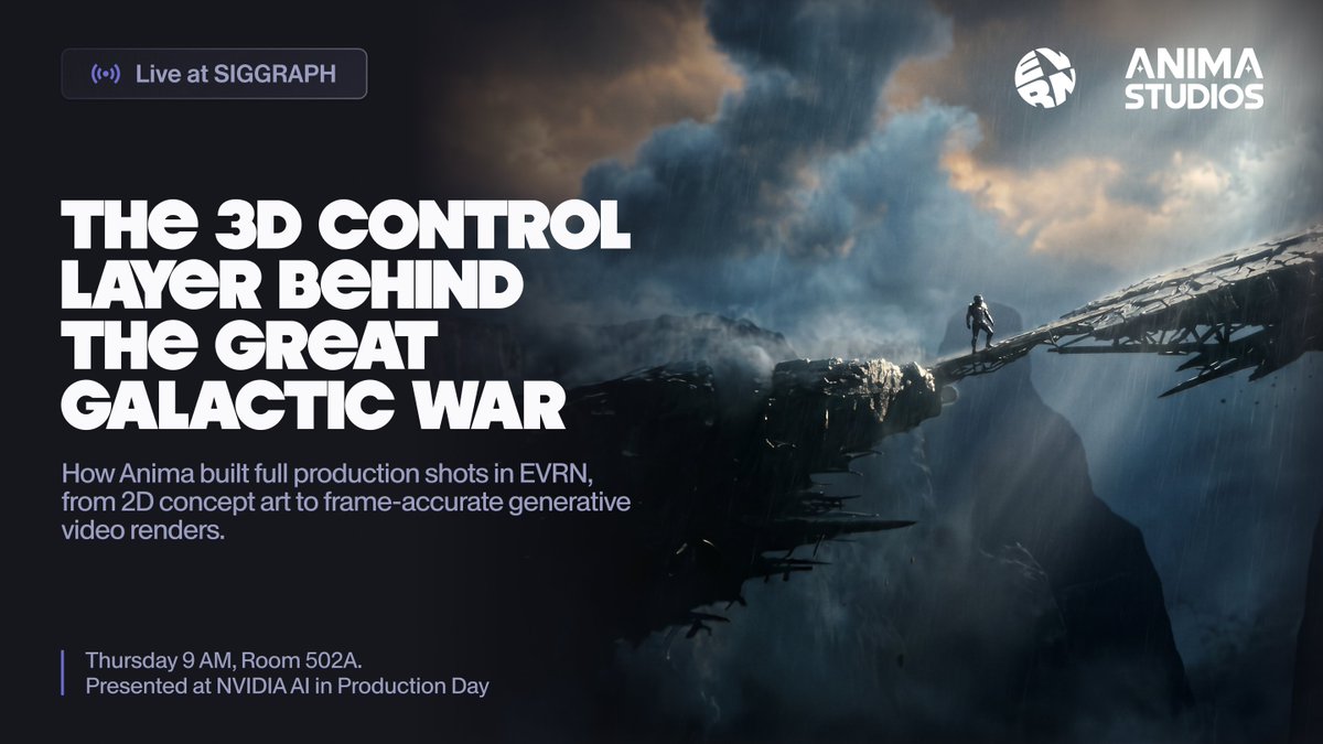 evrn_world's tweet photo. Join our first public presentation at @siggraph during @nvidia's AI in Production Day.

We're showing how EVRN became the 3D control layer for @animastudiosai's The Great Galactic War (120M views), plus new research on turning 2D into 3D.

https://t.co/0houYutzvt #siggraph2026 https://t.co/Z5RtzRQkBY