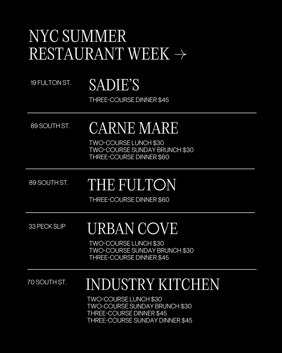 TheSeaportNYC's tweet photo. NYC Restaurant Week is back! Now–August 16, enjoy prix-fixe lunches and dinners at some of your favorite restaurants. 

More details ➤ https://t.co/8l7xd8SkJv
#TheSeaport https://t.co/BHQCxlQjks