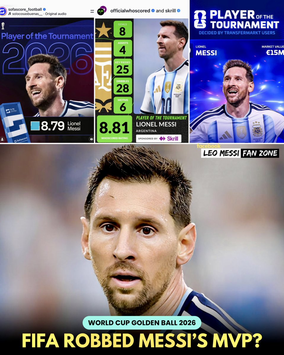 LeoMessiFanZone's tweet photo. 🚨Leo Messi has been named as the ‘Best Player’ of the World Cup 2026 by:

✅ IFFHS MVP — Messi 
✅ SofaScore MVP — Messi 
✅ WhoScored MVP — Messi 
✅ Transfermarkt MVP — Messi 

And FIFA gifted this prestigious award to Rodri out of no reason! 😂😂😂

🗣️ “But but FIFA boy, FIFA helps” 👀