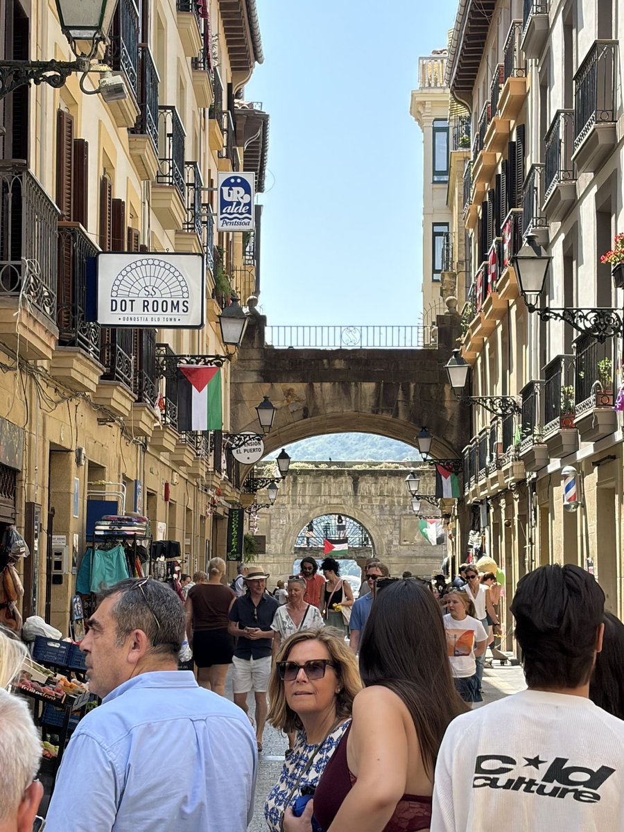 SunilSharmaUK's tweet photo. San Sebastián is an incredible city, beautiful, rich in culture, and home to the best pintxos you’ll ever eat. 

However, one of the only things ruining this city is that every street is covered with Palestinian flags. 

Not seen a single Spanish flag despite Spain winning the World Cup two days ago 🇪🇸 

Spanish people’s loyalty should be to Spain, there is nothing political about having loyalty to the country you are birthed in