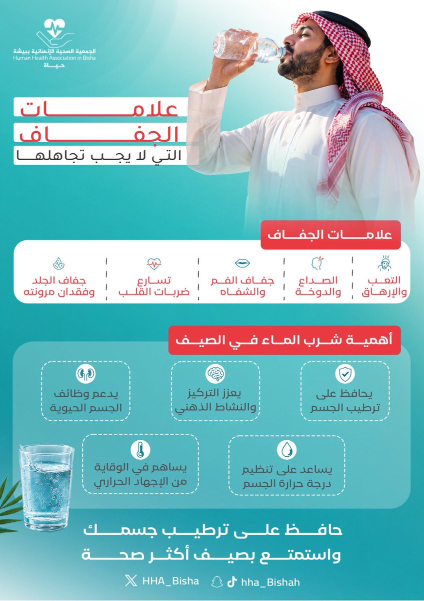 HHA_Bisha's tweet photo. الماء حياة… فلا تُهمل شربه 💧
مع ارتفاع درجات الحرارة، احرص على شرب الماء بانتظام للحفاظ على ترطيب الجسم، وتعزيز النشاط، والوقاية من الجفاف والإجهاد الحراري.
#الجمعية_الصحية_ببيشة https://t.co/YoRNwBD7At