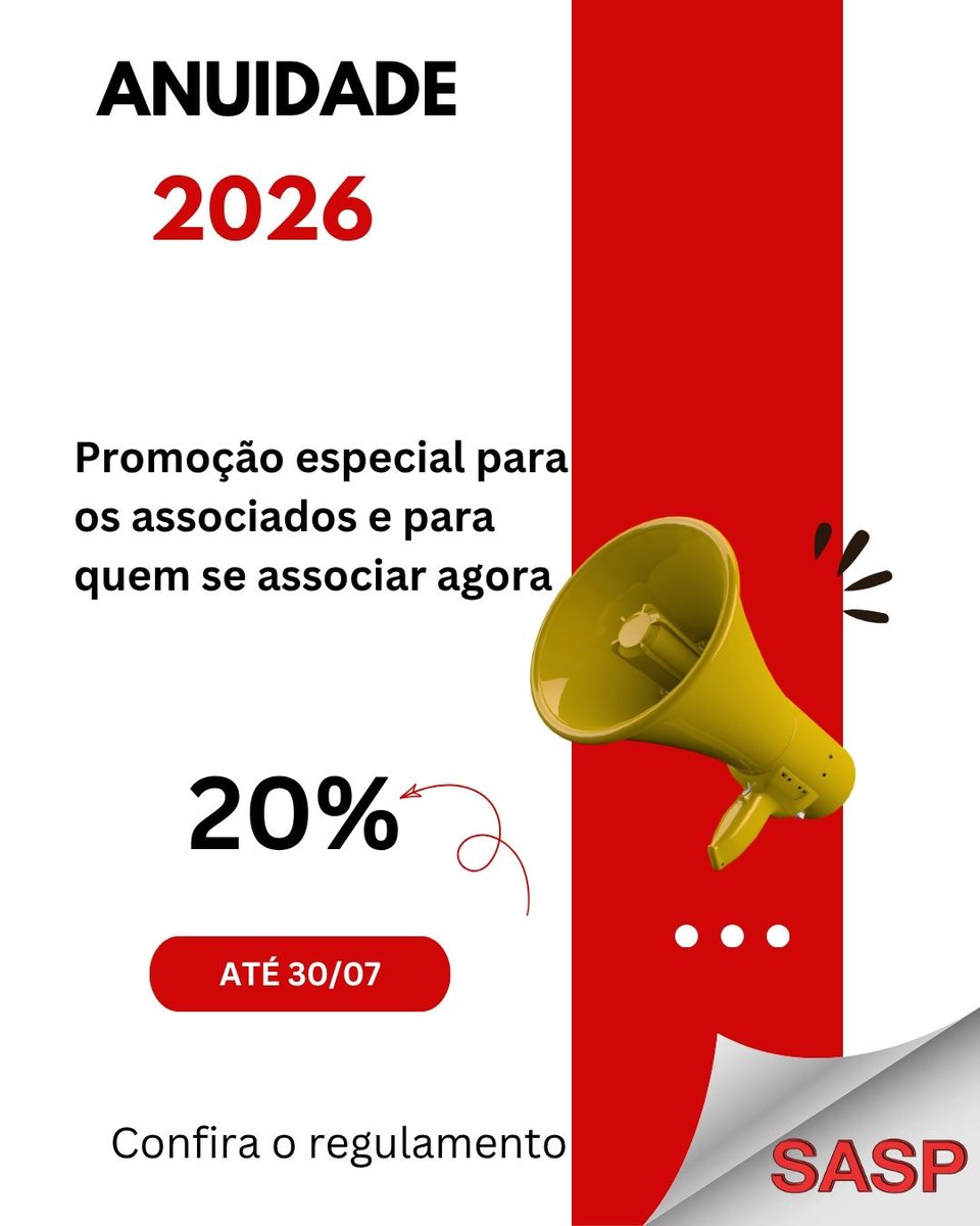 DosAdvogados's tweet photo. A anuidade 2026 do SASP foi fixada no valor de R$300,00. 

Quem pagar a contribuição até o final de julho obterá desconto de 20% (R$60,00).

🔗 Acesse: https://t.co/NcvTb8ipq1 https://t.co/3VAWAZK33p