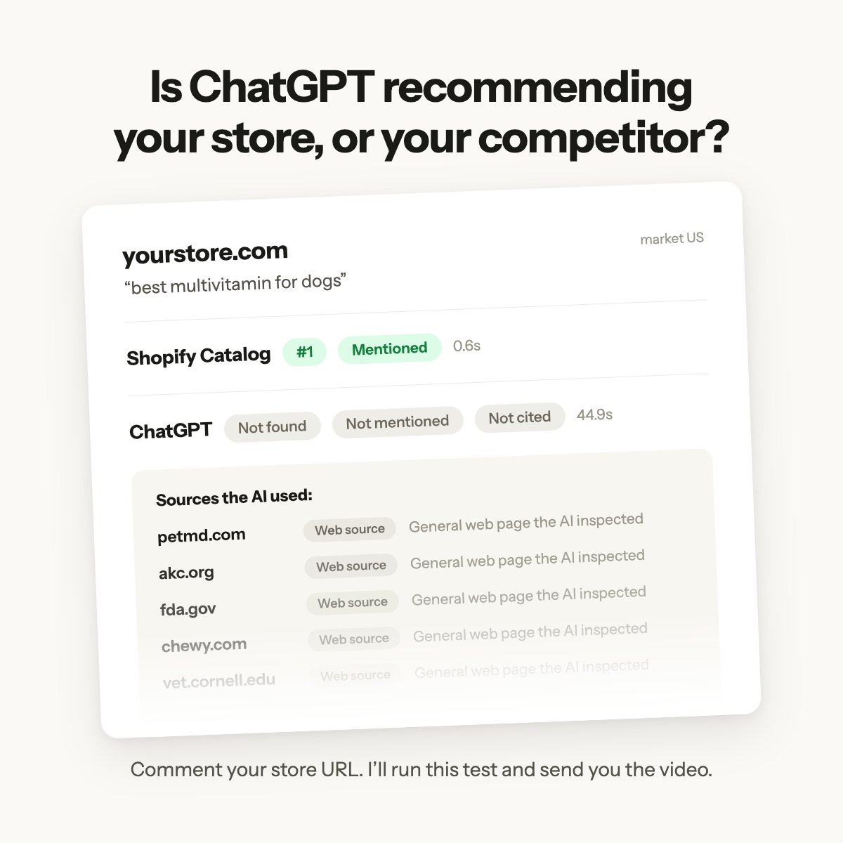 DavisPaipa's tweet photo. Free live test for Shopify sellers.

I check if ChatGPT recommends your product when buyers ask, and what your competitors are doing to outrank you.

Drop in the comments or DM:
Your store URL
The query your buyer would ask ChatGPT
The country you target

I'll record a demo video with your results and send it back.