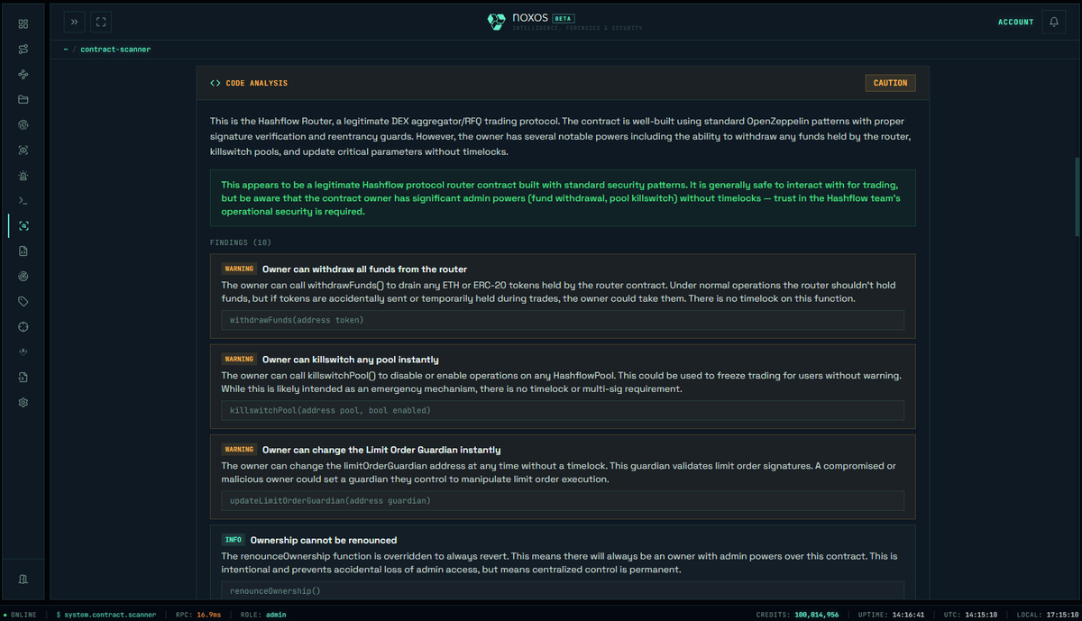 NoxosIntel's tweet photo. Meet PROMETHEUS — the engine built for everyone in Web3.

For investigators: when funds hit an unknown contract address and you're not sure how to treat it — is it a swap? A stake? A contract built purely for obfuscation? PROMETHEUS saves you time and keeps you on the right path.

For traders and daily on-chain users: find out what a contract actually does before you interact with it. That knowledge saves money, headaches, and a lot of bitter lessons.

For protocol owners: about to partner with or integrate an external protocol? Check it first.

The built-in Code Analyzer breaks down contract behavior in detail, so you can interact with confidence.

#SmartContractSecurity #Web3Security #DeFi #OnChain #Crypto