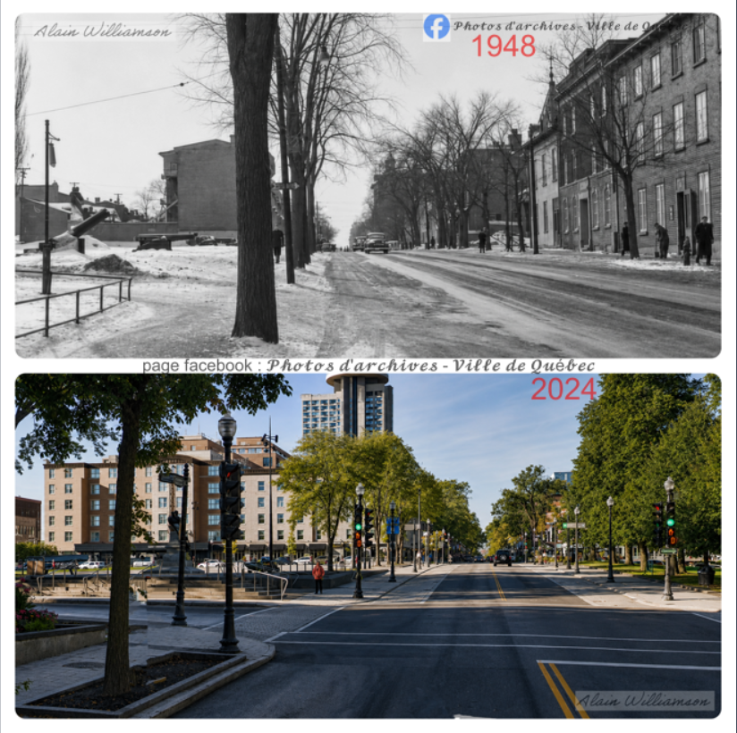 ArchVillequebec's tweet photo. Face a la place George V ,Située face au manège militaire de Québec sur Grande Allée ,1948 VS 2024. Les maisons et résidences situées sur l'emplacement actuel du parc de la francophonie a droite , ont été démolies vers 1972. Ces démolitions faisaient partie des importants travaux de restructuration de la colline Parlementaire, entrepris pour élargir le secteur et assurer la continuité entre les nouveaux édifices gouvernementaux. Avant ce ce parc avait pour nom parc Grande allée que tout le monde surnommait le Pigeonnier et depuis 1995, le parc de le Francophonie . 1972-1973 construction de l 'hôtel le Concorde
