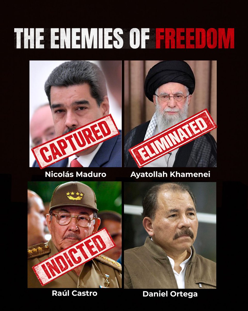 RepMariaSalazar's tweet photo. One by one, the dictators of the last era are answering for their crimes.

Maduro sleeps in a cell in New York.

The Ayatollah is dead. 

Raúl Castro is under indictment.

Daniel Ortega, whose regime killed more than 300 peaceful protesters in 2018, jailed opposition candidates before elections, exiled priests, stripped hundreds of Nicaraguans of their citizenship, and has now abolished elections altogether, still sits in Managua.

Communist dictators don't fear losing elections. They fear having them.

His day will come.