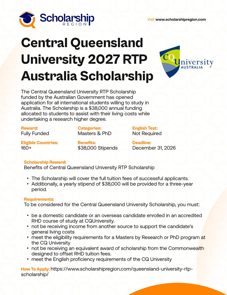 scholarsregion's tweet photo. Best Australian Scholarships for International Students in 2026/27.
#SRThread
James McNeil Scholarship of Monash University in Australia 2026 | Fully Funded
https://t.co/DtlV077Gvk
Co-funded Monash Graduate Scholarship 2026 (CF-MGS) in Australia | Fully Funded
https://t.co/b1MKQ7zh1l
Central Queensland University RTP Scholarship in Australia 2027
https://t.co/CNYE3mK2GZ
Wellington Scholarship Program in New Zealand 2026 | Fully Funded
https://t.co/ZPN8OhXYbv
Deakin Vice-Chancellor International Scholarship in Australia 2027
https://t.co/X0aJjumJhm
2026 University of Queensland Earmark Scholarship in Australia | Fully Funded
https://t.co/Jdrz6rXYEX