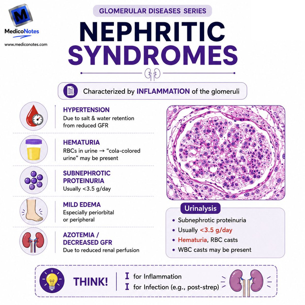 MedicoNotes's tweet photo. 🩸 Nephritic Syndrome

⸻

1️⃣ Definition

Nephritic syndrome is caused by inflammation of the glomeruli, resulting in hematuria, hypertension and impaired kidney function.

⸻

2️⃣ Clinical Features

✔️ Hematuria (often cola-colored urine)

✔️ Hypertension due to salt and water retention

✔️ Mild (subnephrotic) proteinuria

✔️ Mild peripheral or periorbital edema

✔️ Reduced GFR with rising urea and creatinine

⸻

3️⃣ Urinalysis

Typical findings include:

Hematuria
RBC casts (highly suggestive)
Subnephrotic proteinuria (<3.5 g/day)
WBC casts may occasionally be present

⸻

4️⃣ Common Causes

Post-streptococcal glomerulonephritis
IgA nephropathy
Lupus nephritis
ANCA-associated vasculitis
Anti-GBM (Goodpasture) disease
Membranoproliferative glomerulonephritis

⸻

5️⃣ Diagnosis

Investigations include:

Urinalysis and urine protein quantification
U&Es, eGFR and serum creatinine
Complement levels (C3/C4)
ANA, ANCA, Anti-GBM antibodies
Renal biopsy when indicated

⸻

6️⃣ Management

Control blood pressure and fluid overload
Treat the underlying cause
Immunosuppressive therapy when appropriate
Dialysis if severe AKI or life-threatening complications develop

⸻

📖 Get our high-yield Nephrology & Urology book now:
🌐 https://t.co/2UQyCbb6in

#Nephrology #MedicalEducation #InternalMedicine #MRCP #MedicoNotes
